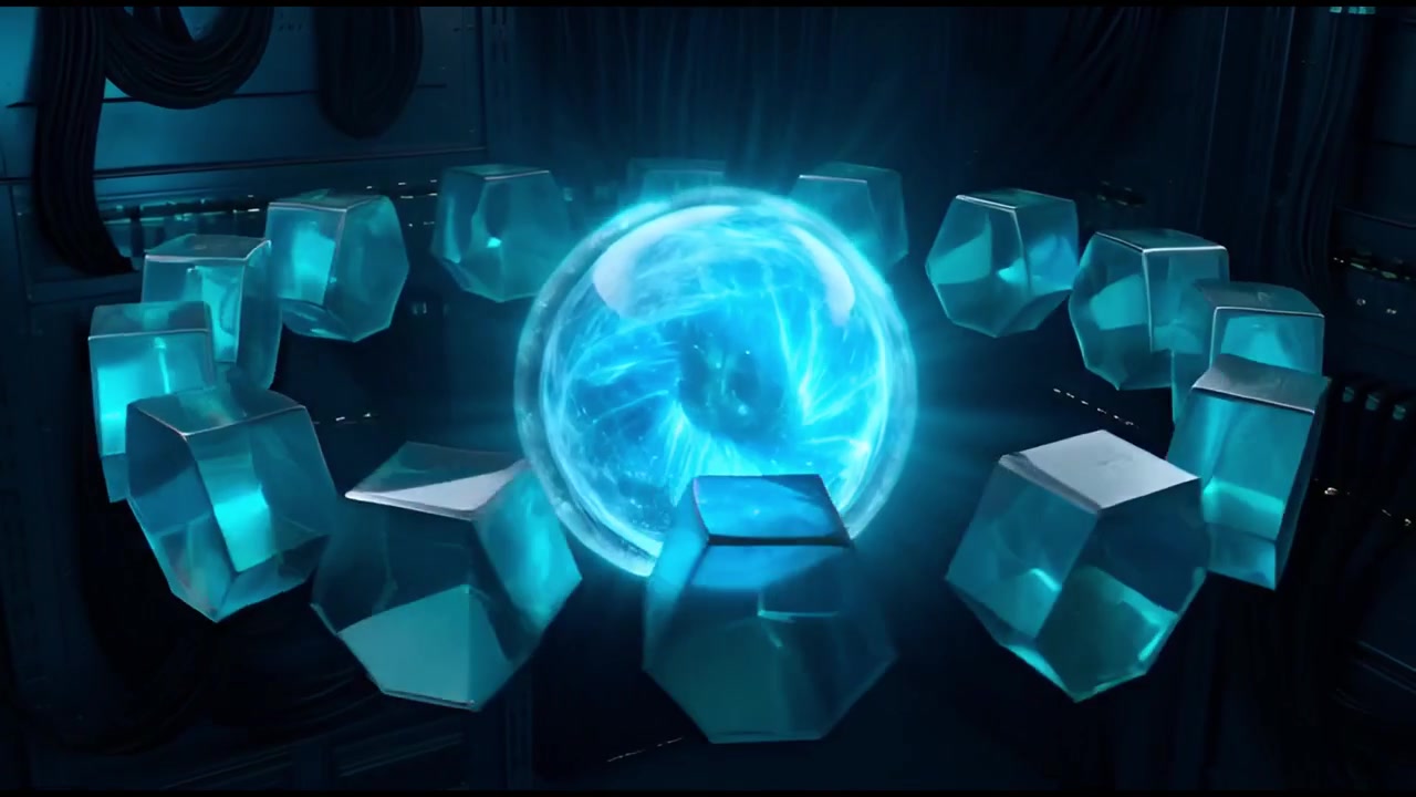 Glowing Blue Energy Sphere Surrounded by Rotating Geometric Crystals