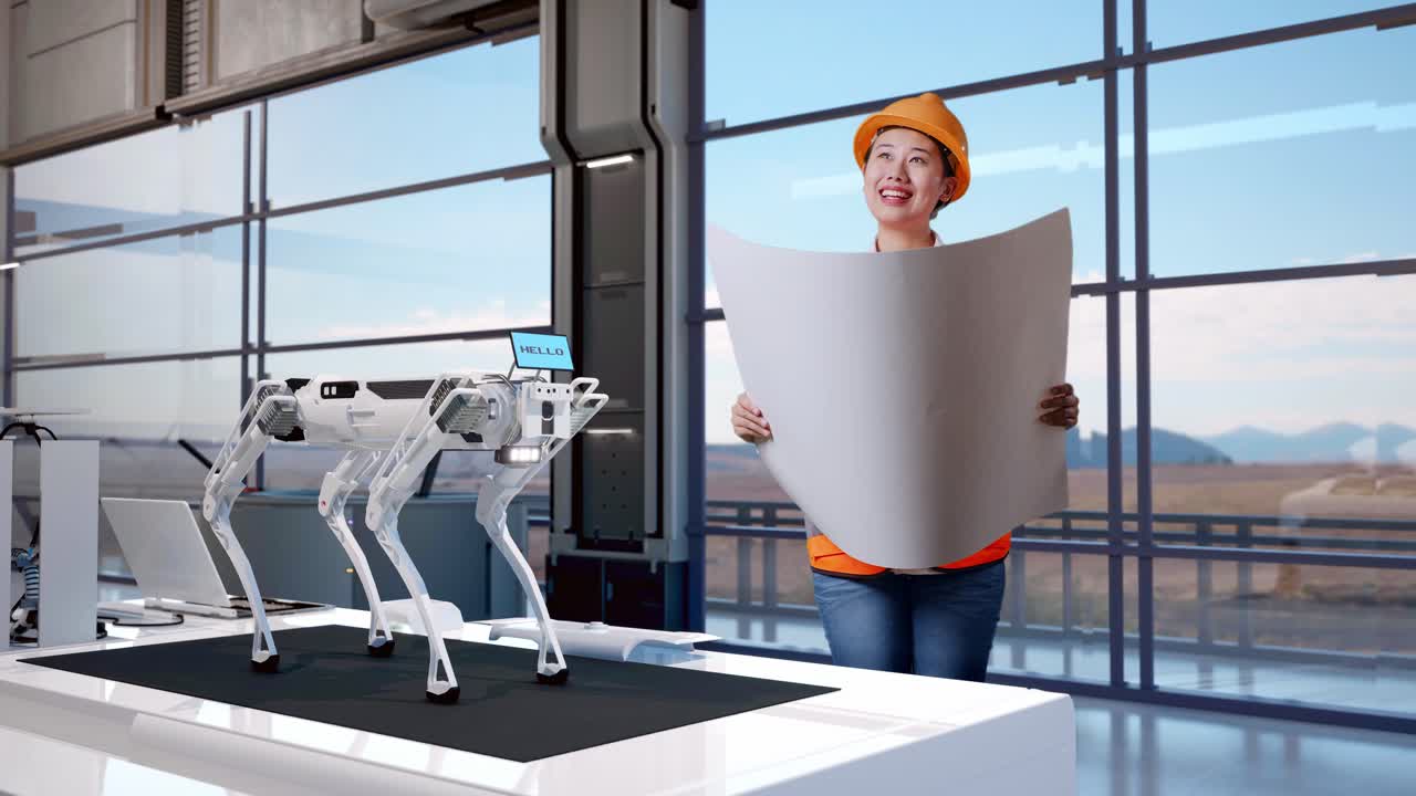 corpo pieno di ingegnere donna asiatica con casco di sicurezza guardando il progetto nelle sue mani e guardandosi intorno mentre si trova in fabbrica ad alta tecnologia, analizzando il concetto di macchina robotica