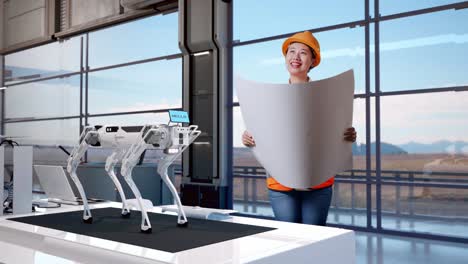 cuerpo lleno de ingeniera asiática con casco de seguridad mirando el plano en sus manos y mirando a su alrededor mientras estaba de pie en una fábrica de alta tecnología, analizando el concepto de máquina robótica