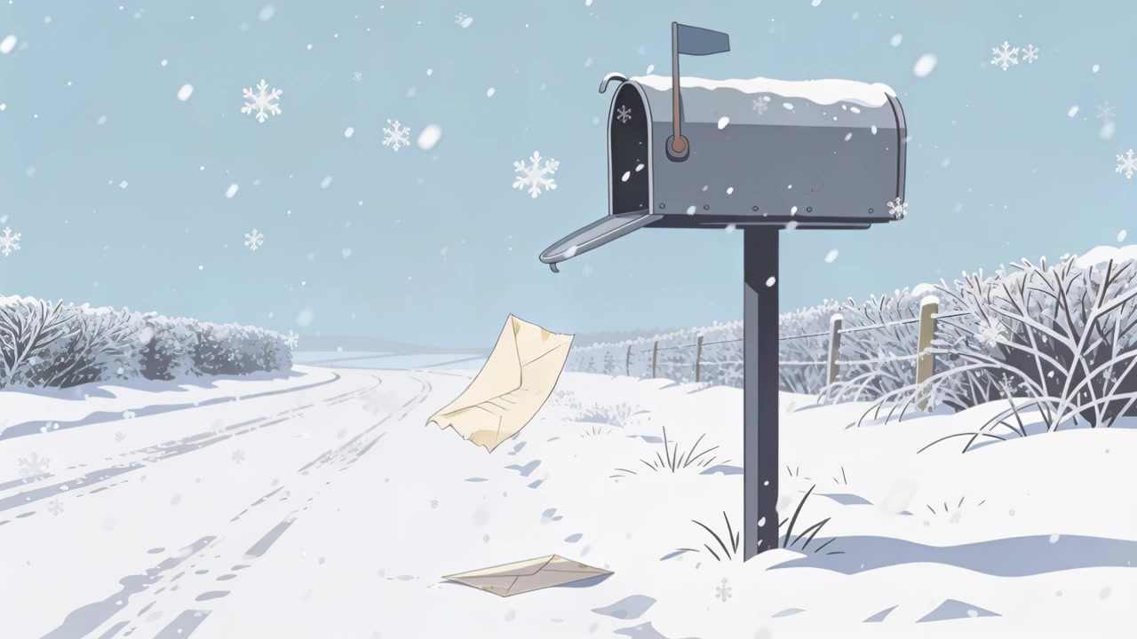 Letter Falling from Mailbox in Snowy Winter Landscape