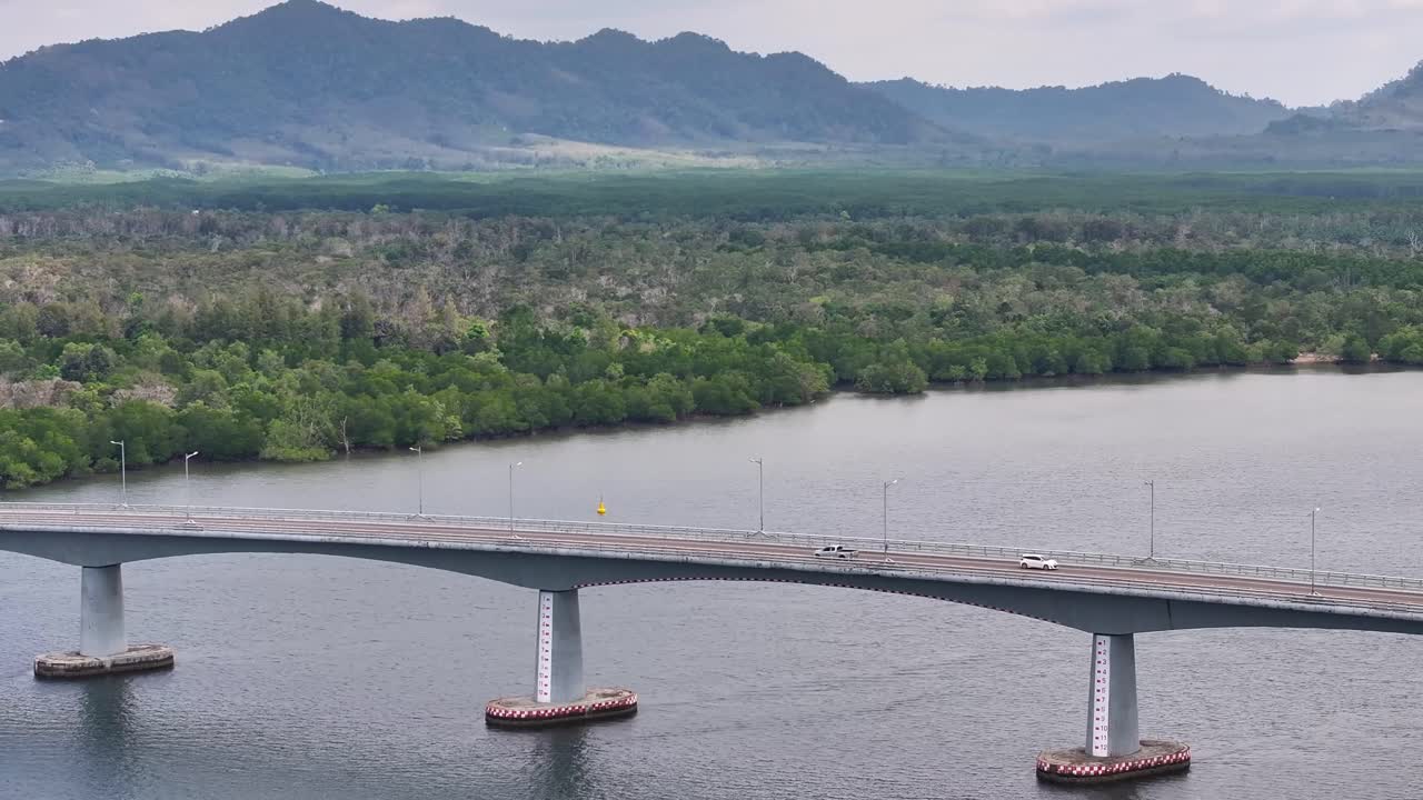 Aerial View Of Transportation Vehicles Across The Siri Lanta Bridge In Koh Lanta, Krabi, Thailand.