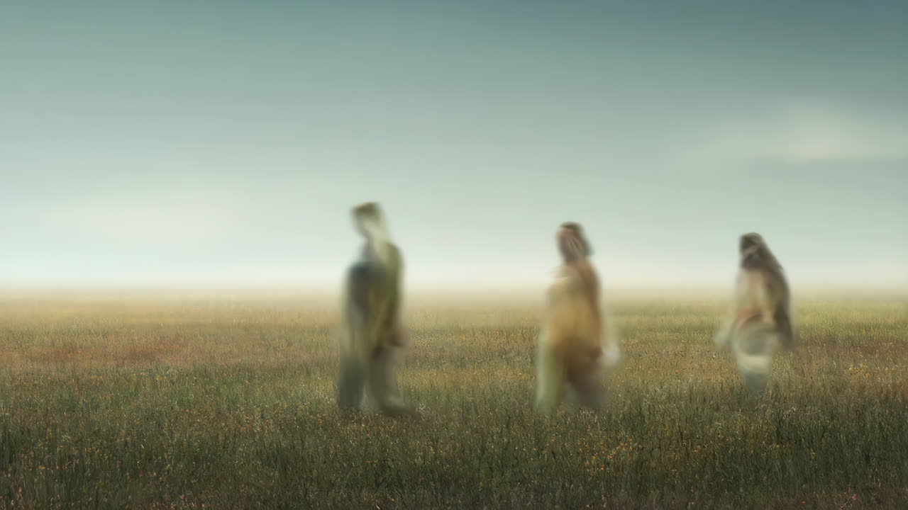 Ethereal Figures Walking Through a Misty Field