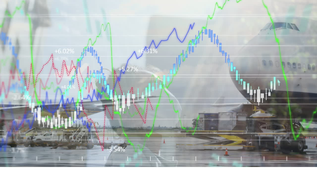 Animation of planes standing in an airport over statistics showing in the background.
