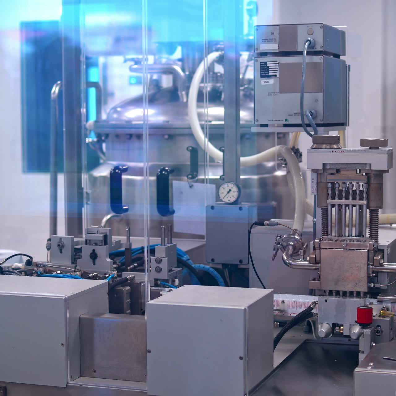 Manufacture of tablets indoors. Modern automatic pharmaceutical equipment. Pharmacy industry.