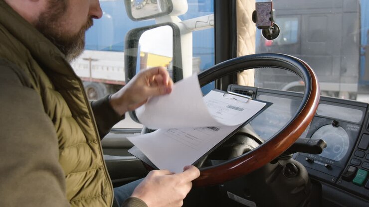 Vista posteriore di un operaio seduto in un camion in un parco logistico, mentre legge dei documenti.