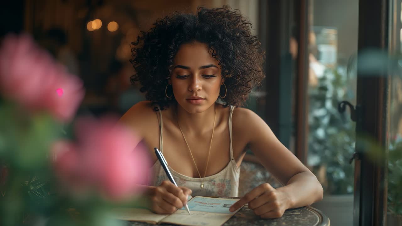 Glancing at postcard, curly-haired woman writing message with pen at cafe near window, with roses