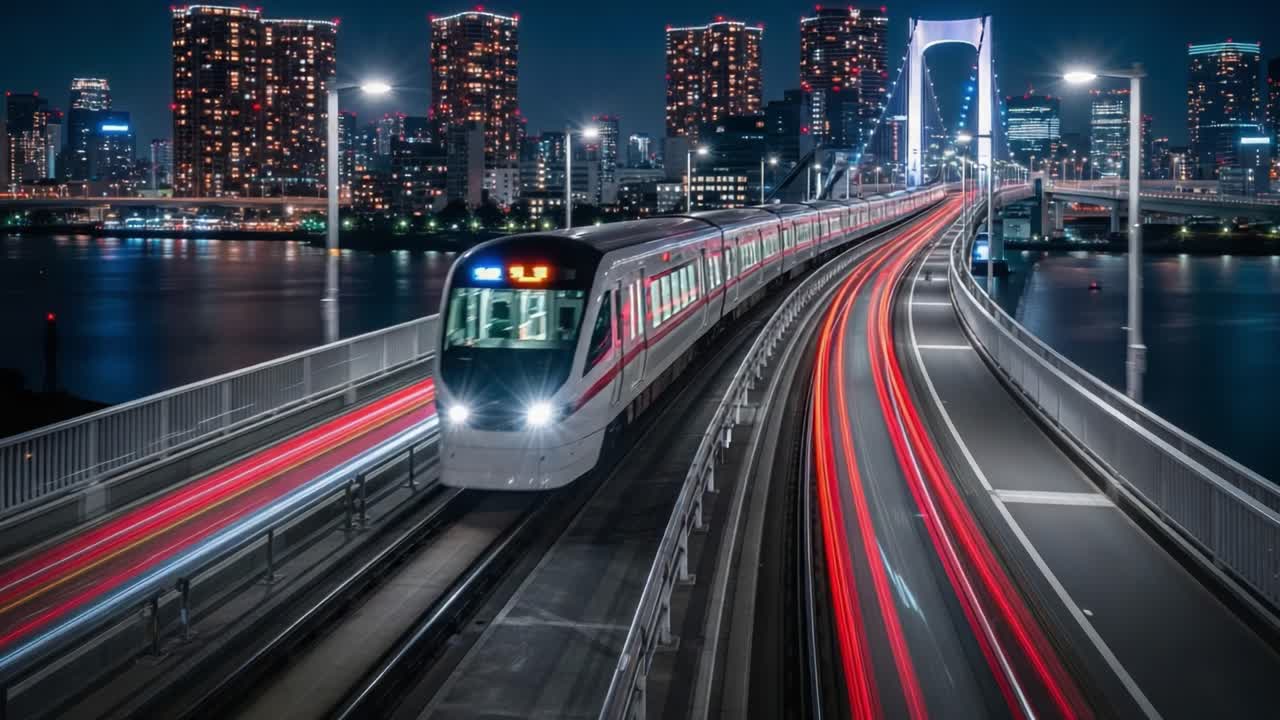 Elevated Train Moving Through Illuminated Tokyo City at Night