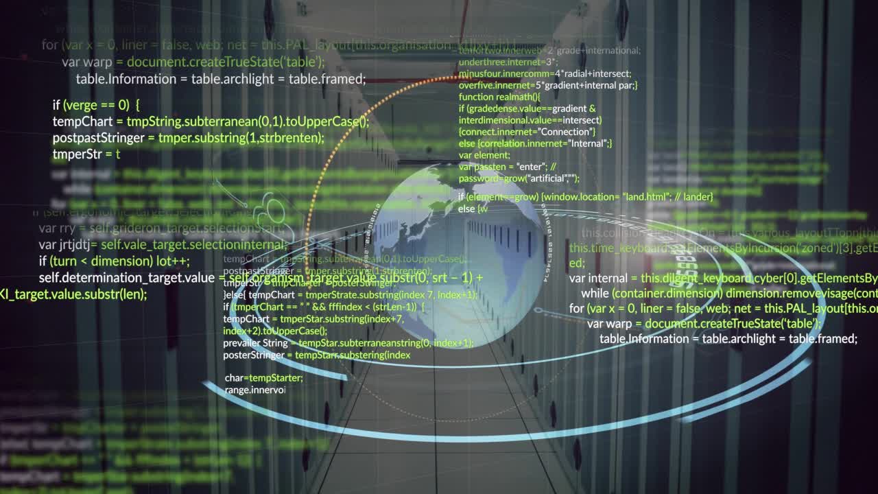 Animation of globe and digital data processing over computer servers