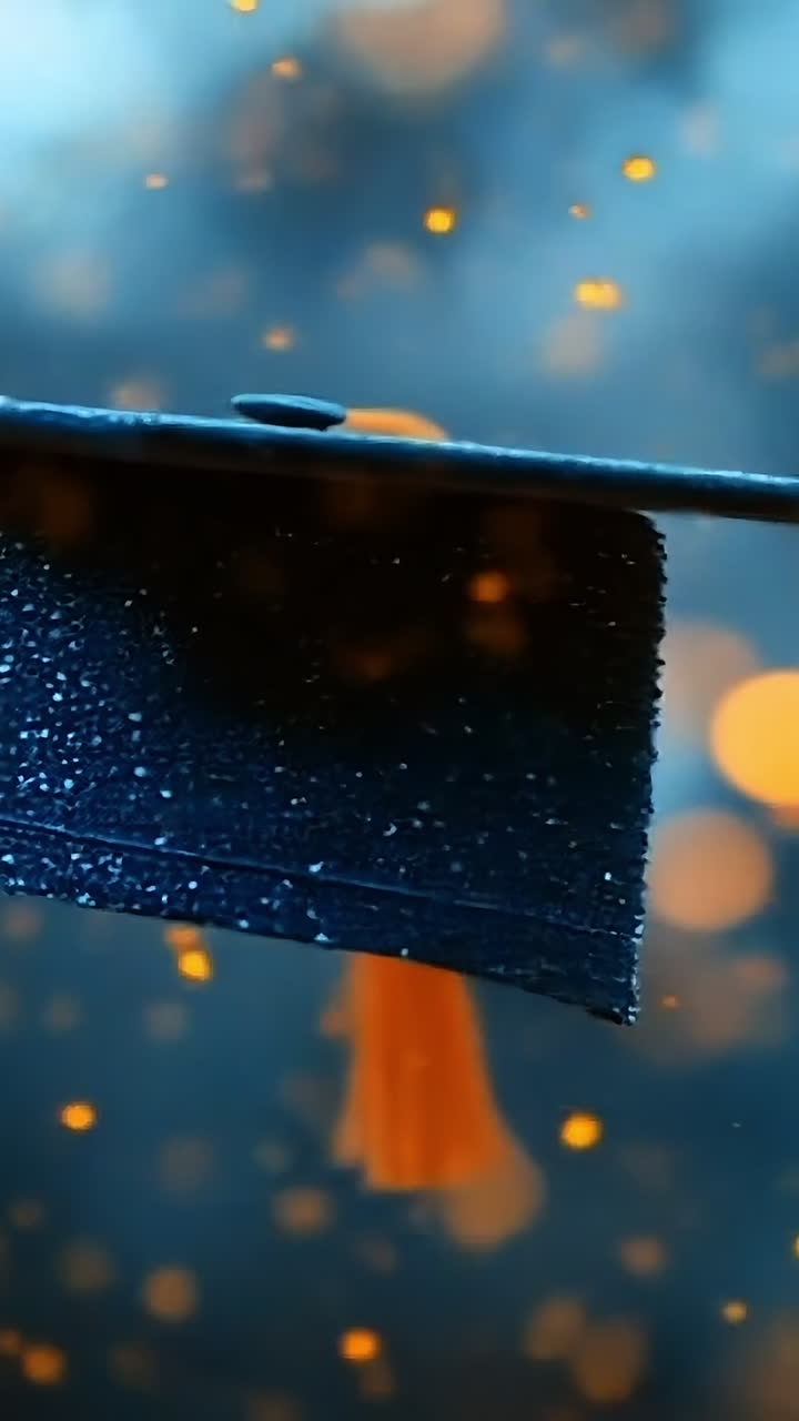 Graduation cap floating in the air. A graduation cap hovers mid-air surrounded by golden bokeh, capturing a festive moment of achievement.