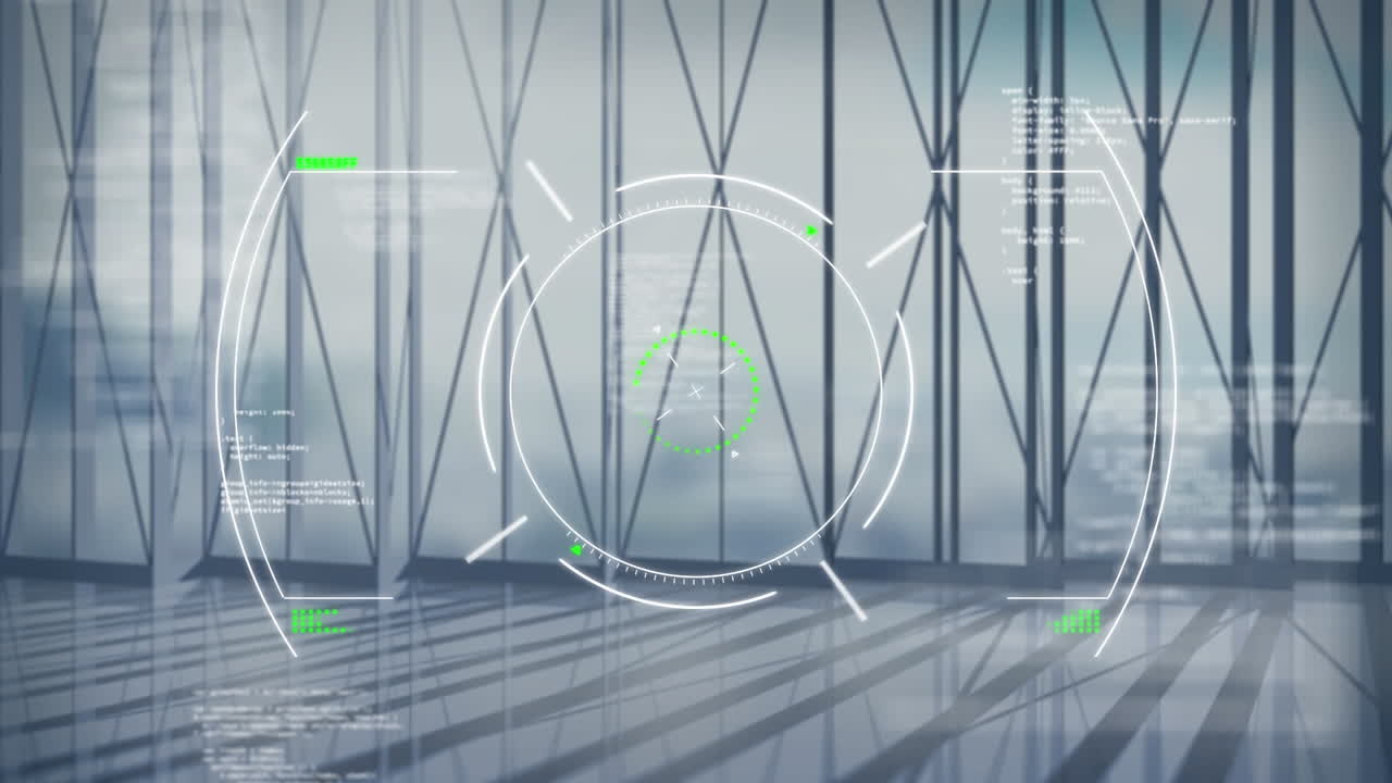 Animation of data processing over modern building and cityscape