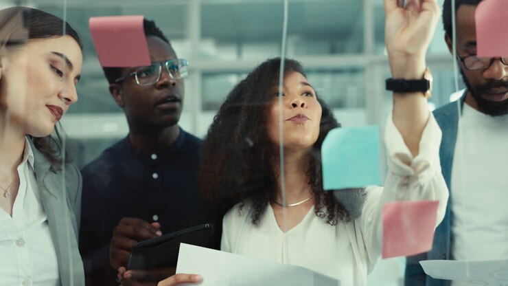 People, writing and sticky note on glass