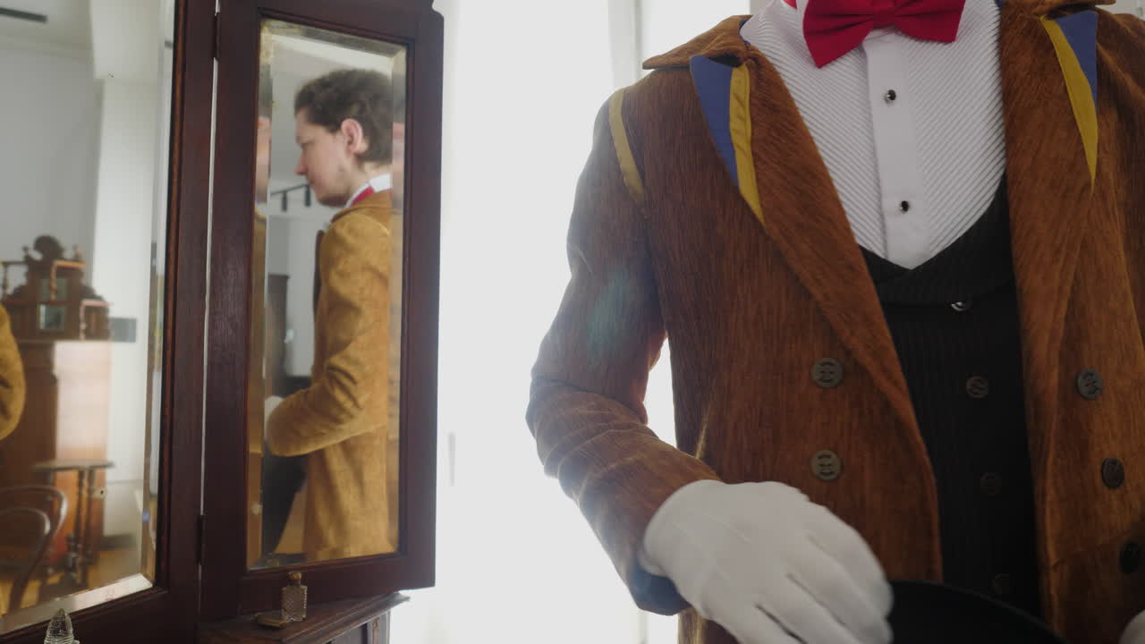 Man and woman getting dressed in an antique dressing room