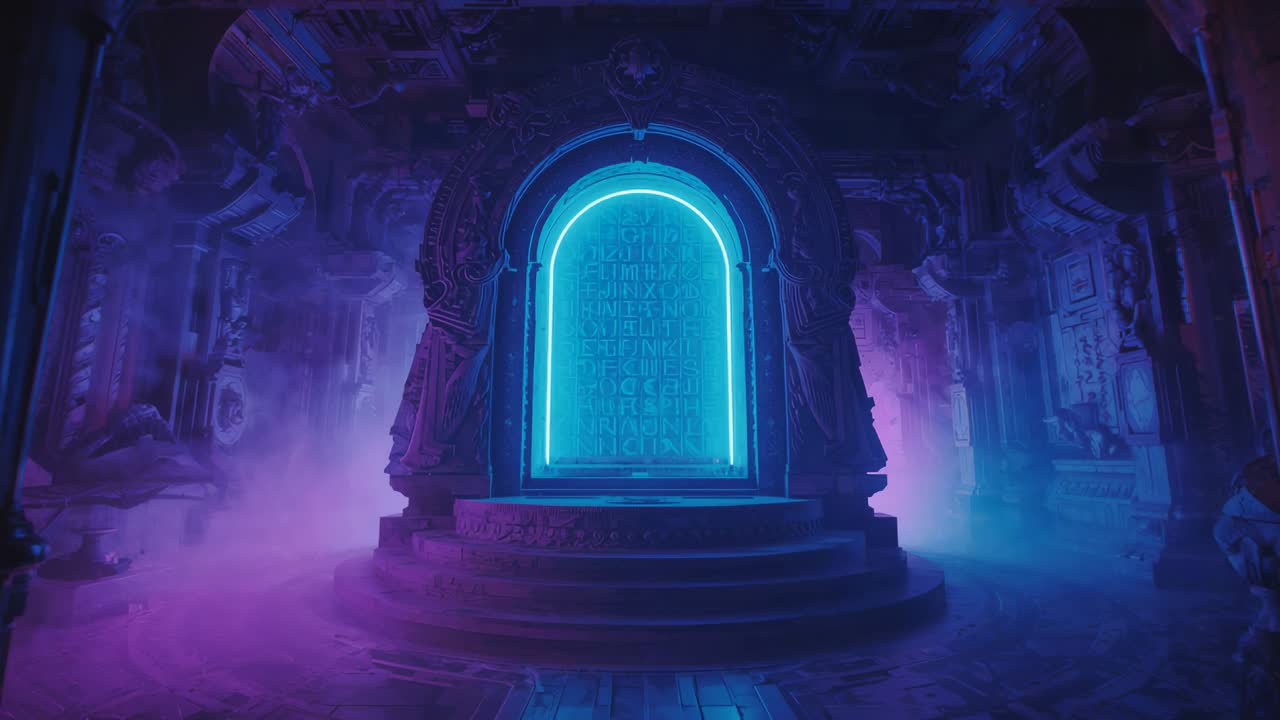 Glow intensifying portal shifting color spectrum in ancient temple with mist, runic arch, pedestal