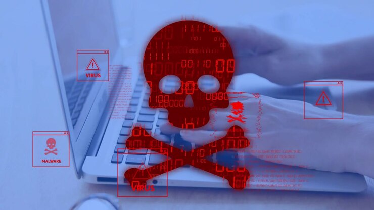 Woman typing on laptop keyboard causing security alerts with pulsing red skull and malware icons