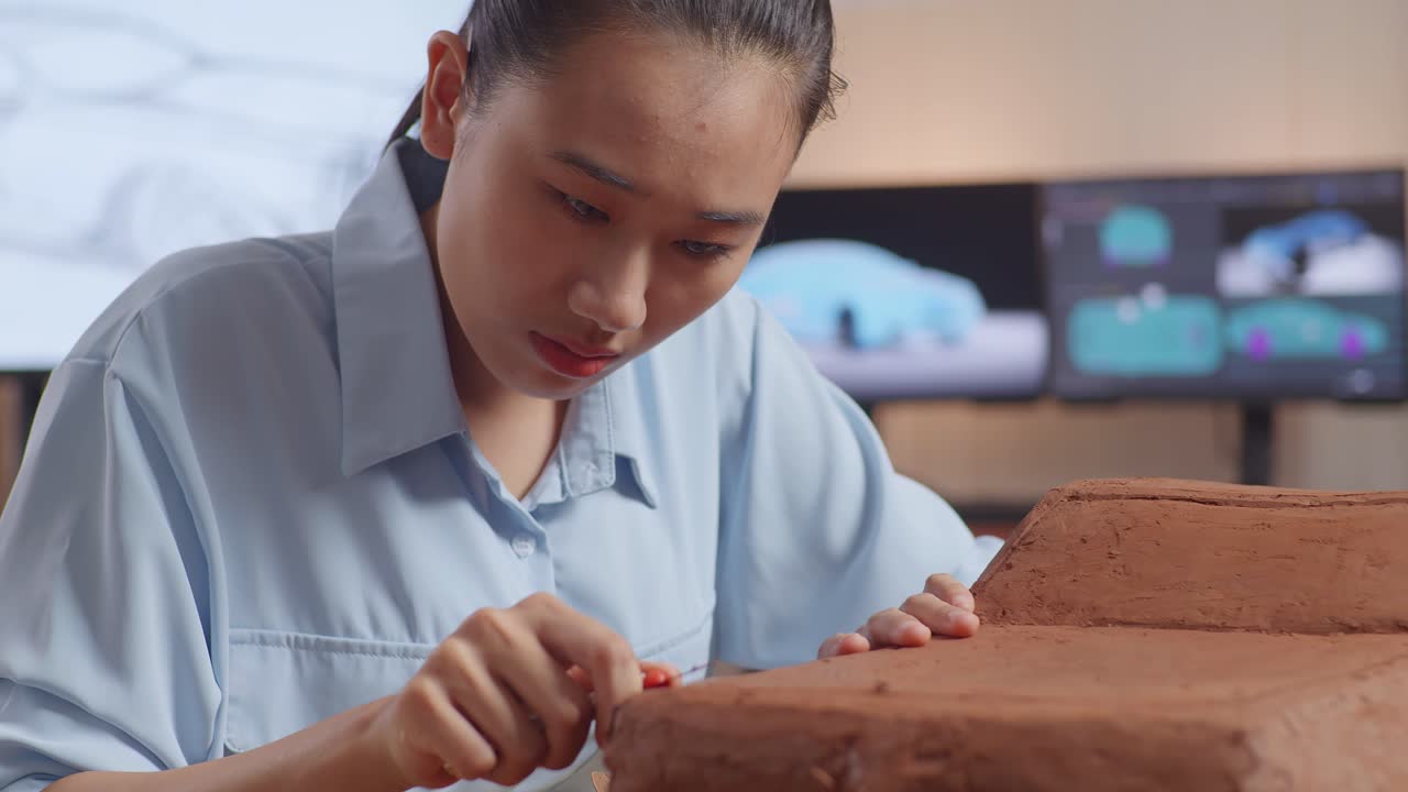 아시아 여성 자동차 디자이너가 자동차 점토 조각을 작업하면서 표면을 매끄럽게하고 스튜디오에서 디자인의 세부 사항을 만들기 위해 칼을 사용합니다.