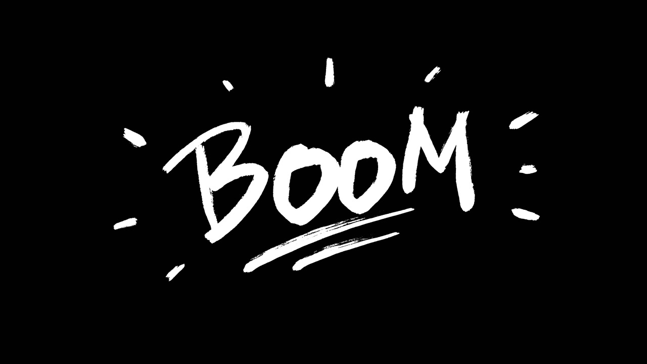 Animerad handritad textgrafik "BOOM" på svart bakgrund.