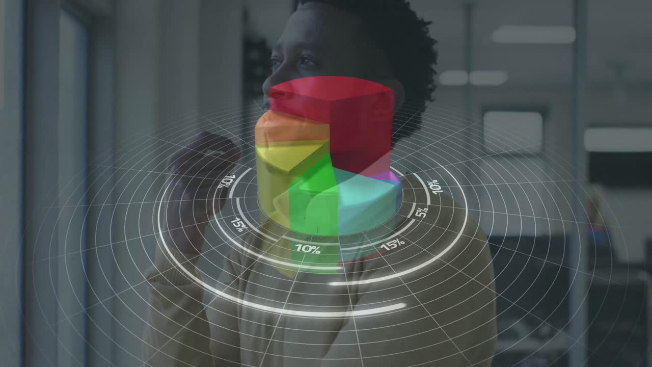 procesamiento de datos estadísticos contra un hombre afroamericano pensativo mirando por la ventana en la oficina