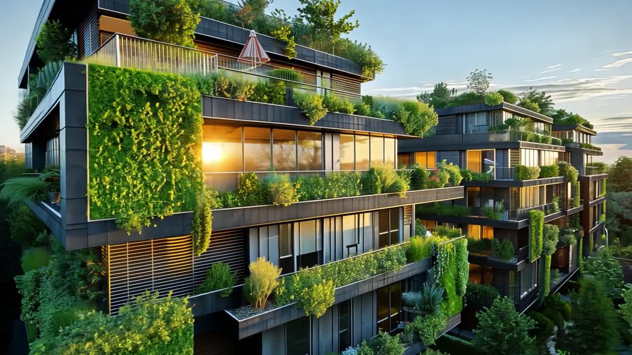 Modern Building with Extensive Greenery and Sustainable Design Elements