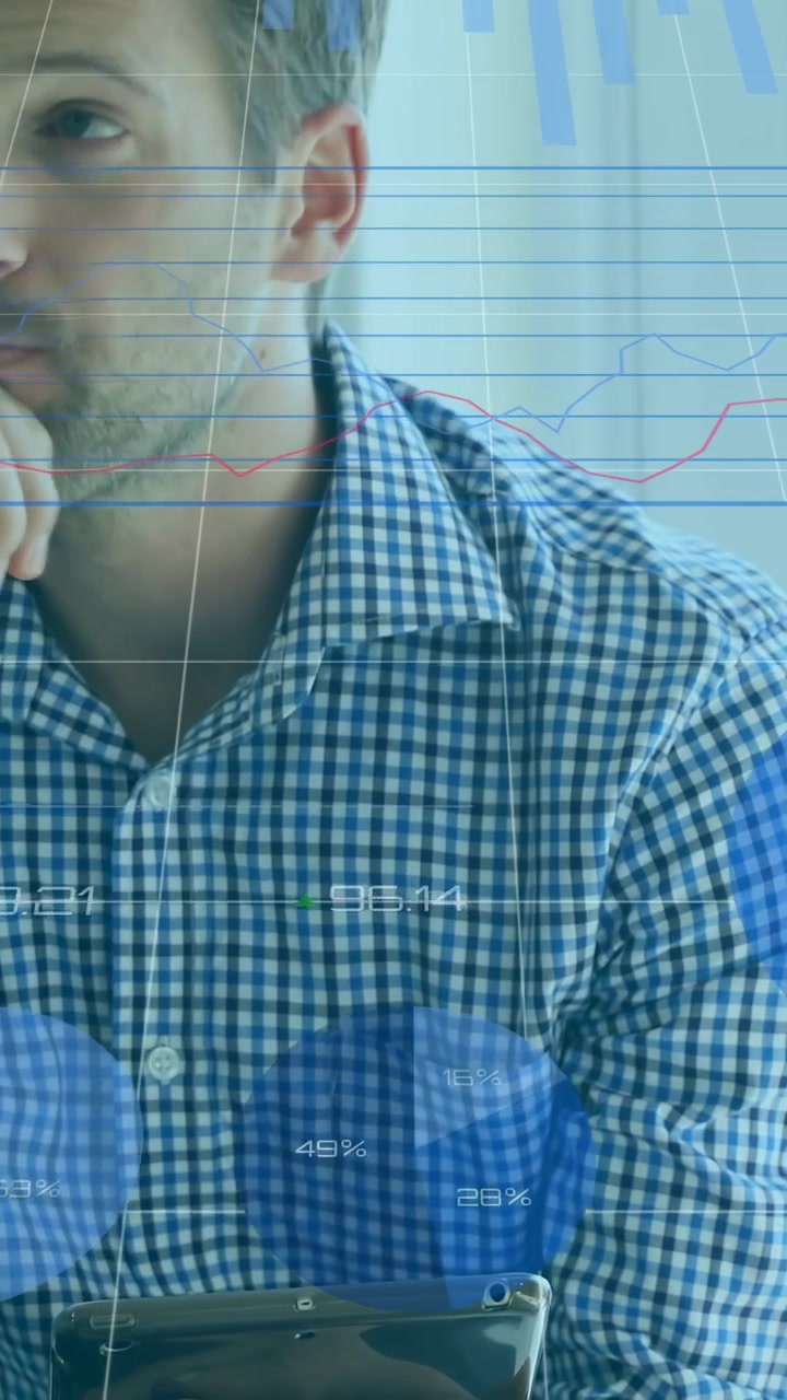 Vertical video: Analyst tapping tablet and swiping, analyzing business data with animated charts