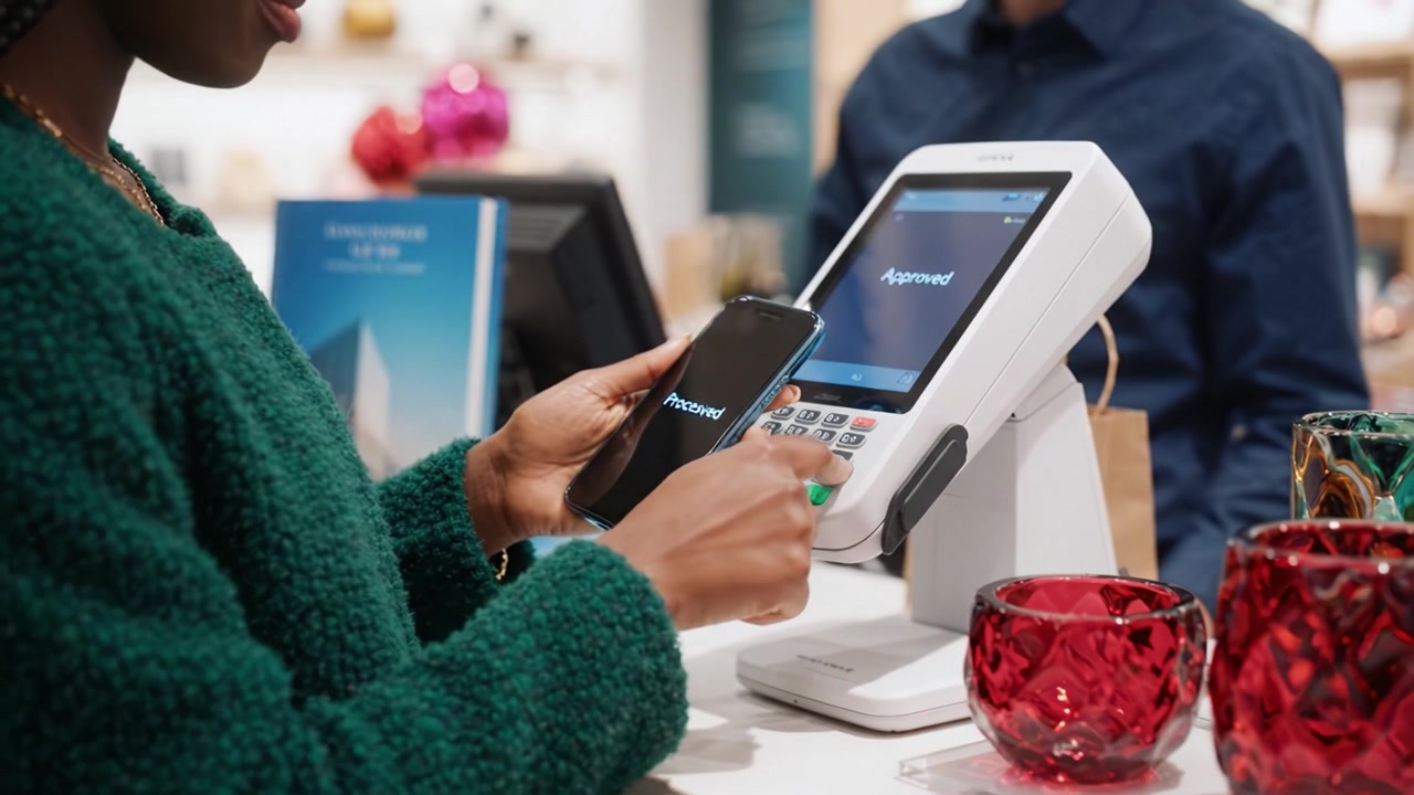 A woman using her smartphone for mobile payment at a retail checkout while a cashier assists her, showcasing modern shopping and technology in action.
