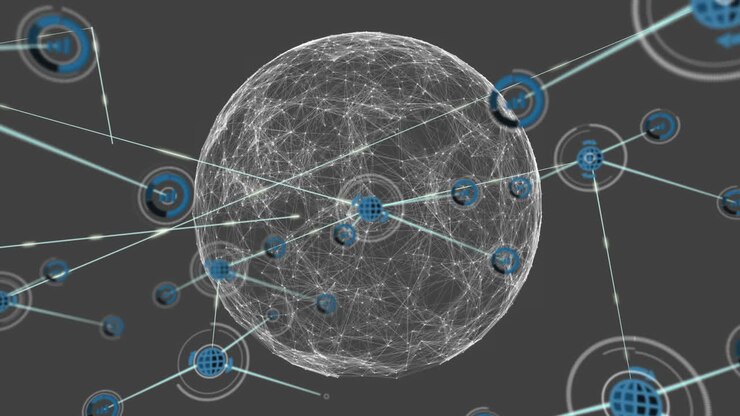 Global network connections and data transfer animation over dark background