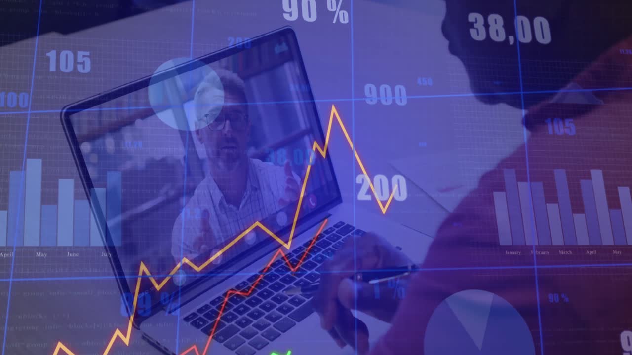 animación de gráficos con números cambiantes, diversos compañeros de trabajo discutiendo en videoconferencia
