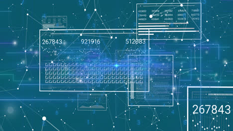 animation of network of connections and interfaces with data processing against blue background