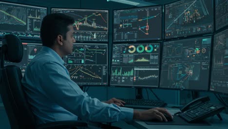 data analysis and monitoring: an expert at work with multiple screens displaying real-time financial charts and market trends in a high-tech environment