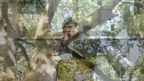 abstract geometric patterns blending with tree branches and leaves in animation