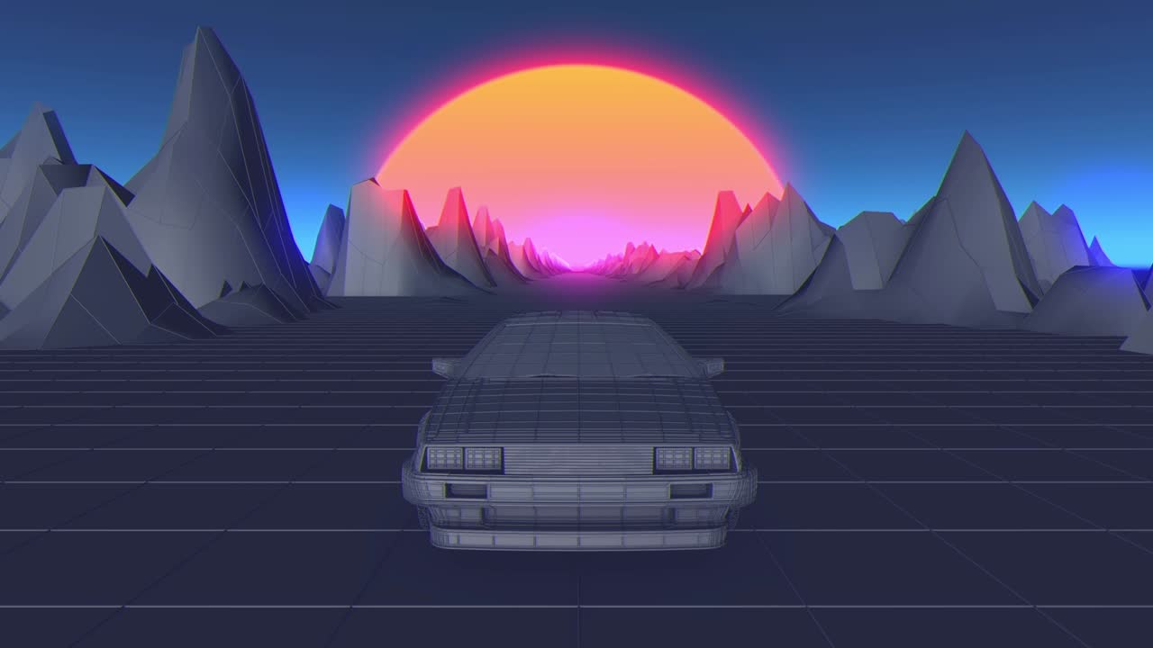 Retro futuristic seamless animation of a car with a sun in the background