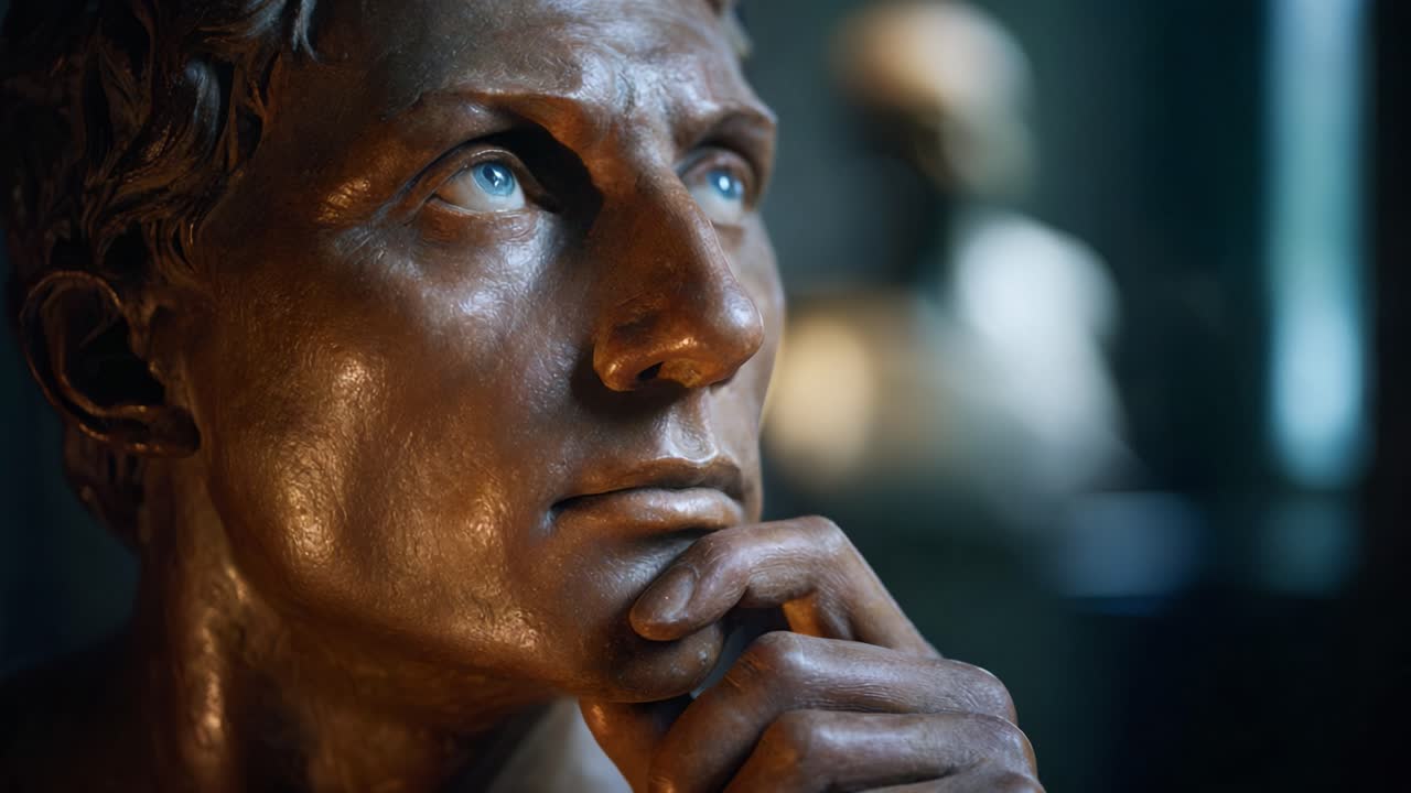 Contemplative bronze sculpture depicting a figure with thoughtful expression, highlighting artistry and craftsmanship in a softly lit setting, eliciting deep introspection