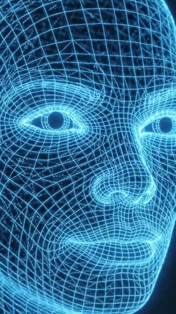 A Stunning Visualization of a 3D Wireframe Human Face, Showcasing Intricate Details of Digital Structure and Impressive Lighting Techniques