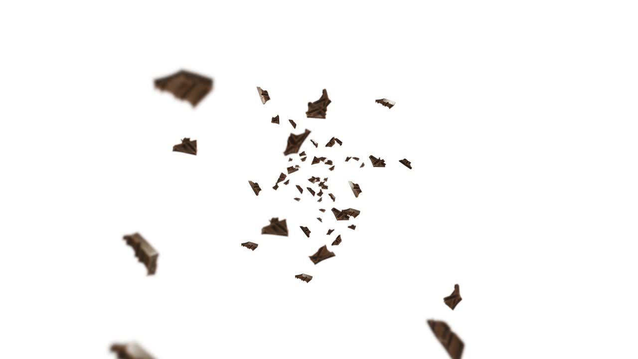 Flying many chocolate pieces on black background. Foods and sweets. Milk and dark. 3D loop animation of chocolate rotating.