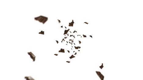 volando muchas piezas de chocolate en fondo negro. alimentos y dulces. leche y oscuro. animación de bucle 3d de chocolate girando.