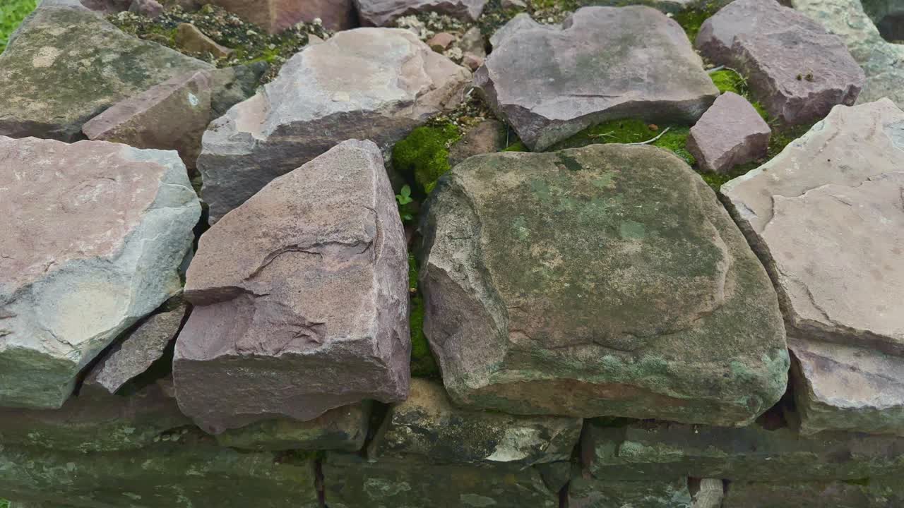 Una antigua pared de piedra cubierta de musgo en unas ruinas históricas, capturada con un suave movimiento de cámara de inclinación ascendente, que muestra la arquitectura patrimonial, las texturas naturales y los detalles arqueológicos