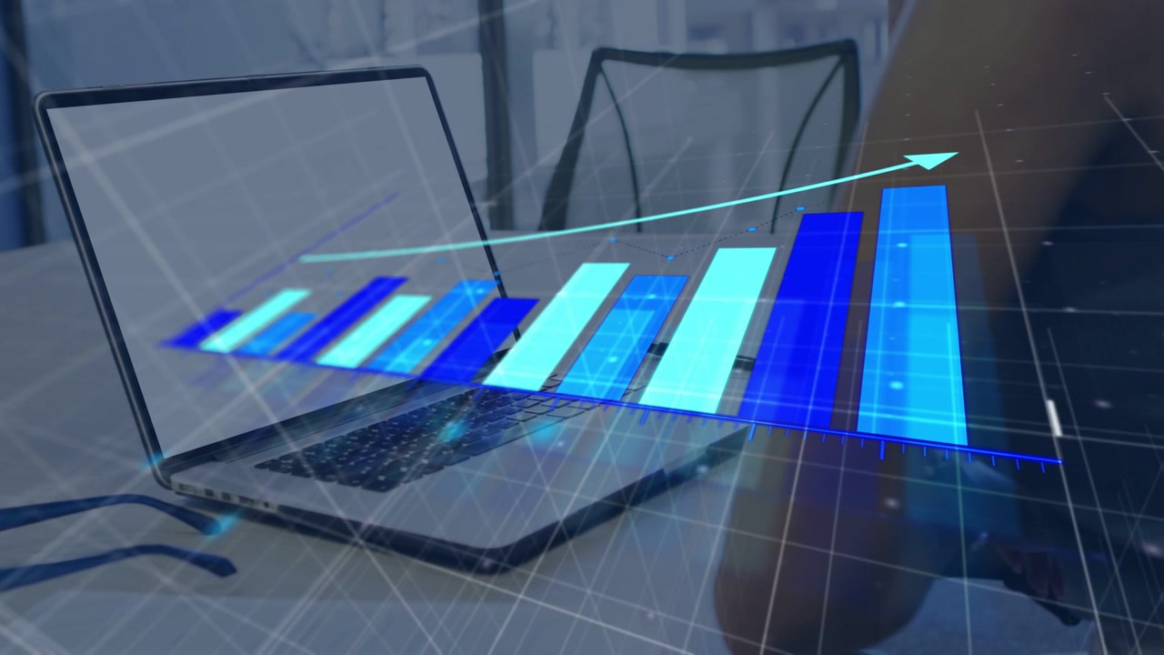 Analyst inputting data, 3D bar chart rising above laptop, arrow extending showing business growth