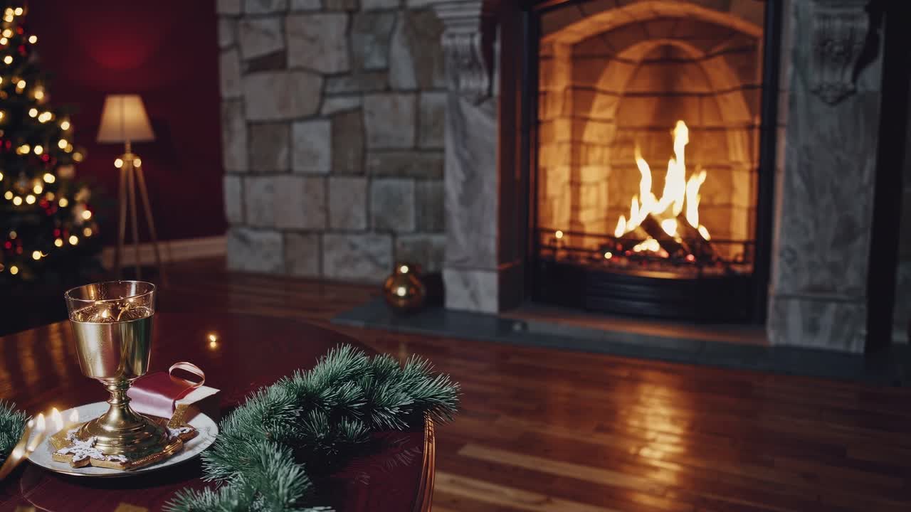 Cozy holiday scene featuring a beautifully decorated fireplace with flickering flames, a festive table setting, and a warm ambiance inviting relaxation and celebration