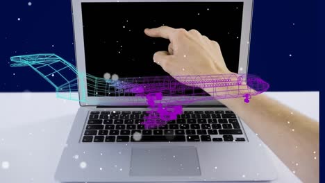 Animation-of-woman-touching-laptop-screen-with-3d-airplane-model-spinning-on-blue-background