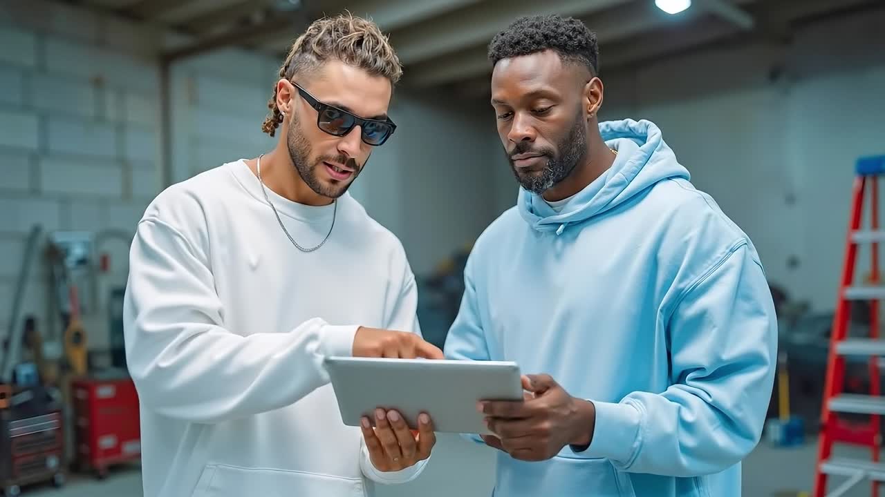 Two men looking at a tablet computer in a workshop