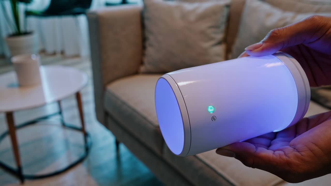 Person holding a smart device in a living room