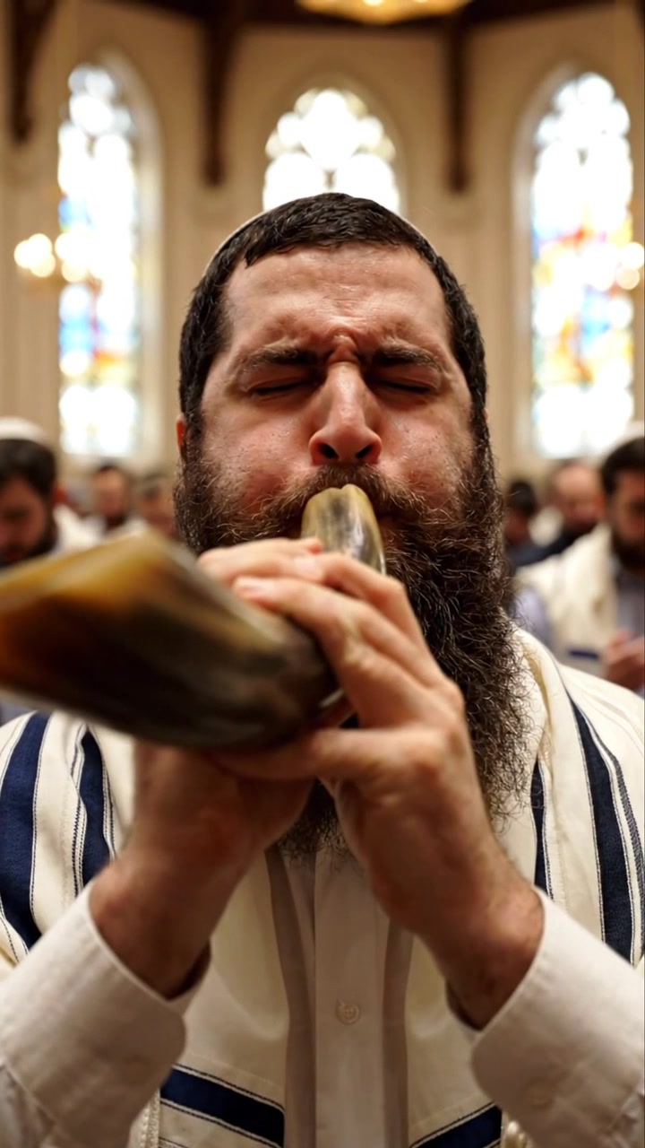 Homem judeu tocando shofar durante a oração