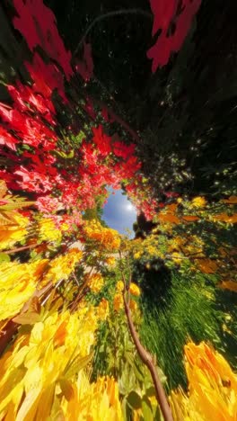portrait spin through swirling red and yellow azaleas toward blue sky; glittering light adds dreamlike energy. gelderland netherlands