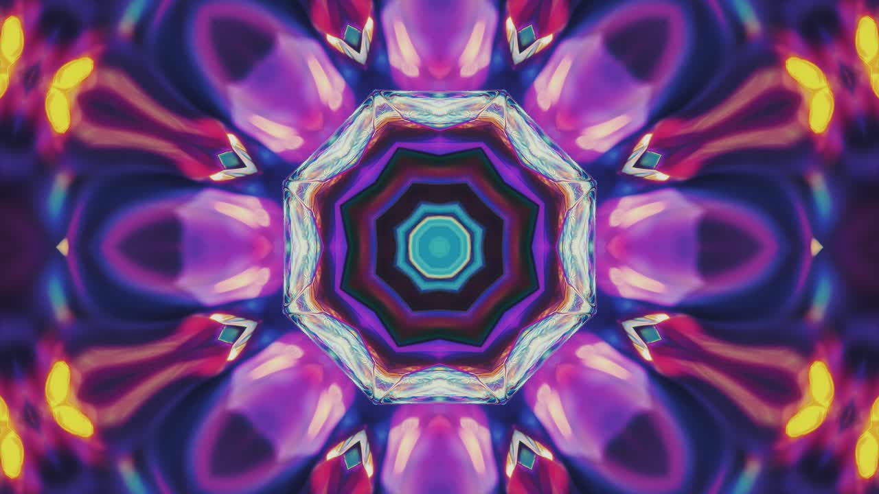 Vivid kaleidoscope glowing with neon purple, blue, and yellow fractal symmetry