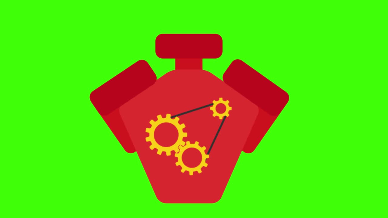 2D animated illustration of a red motor with gears on a green screen