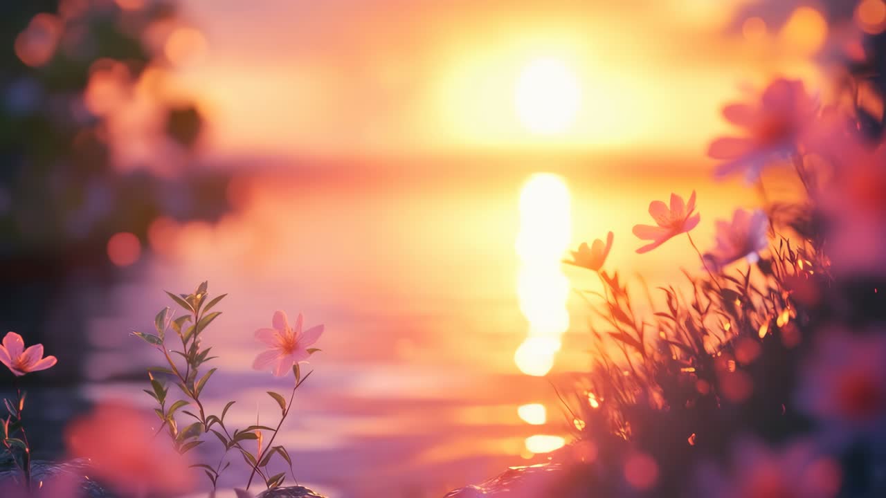 Serene sunset video scene with vibrant flowers in the foreground