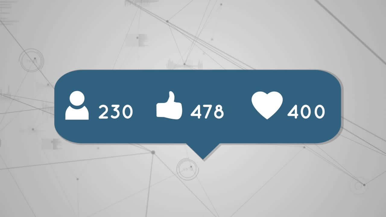 animación de iconos de redes sociales a través de una red de conexiones con estadísticas