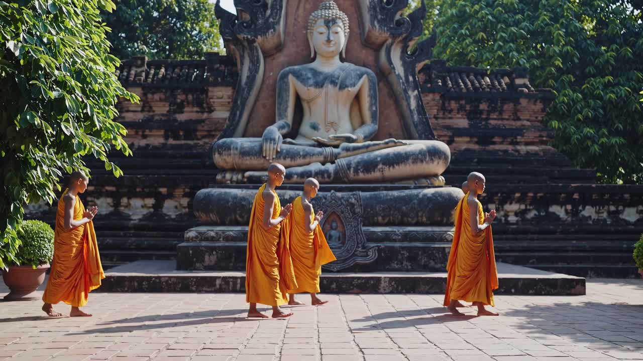Monks in orange robes walk past a large Buddha statue in a temple courtyard