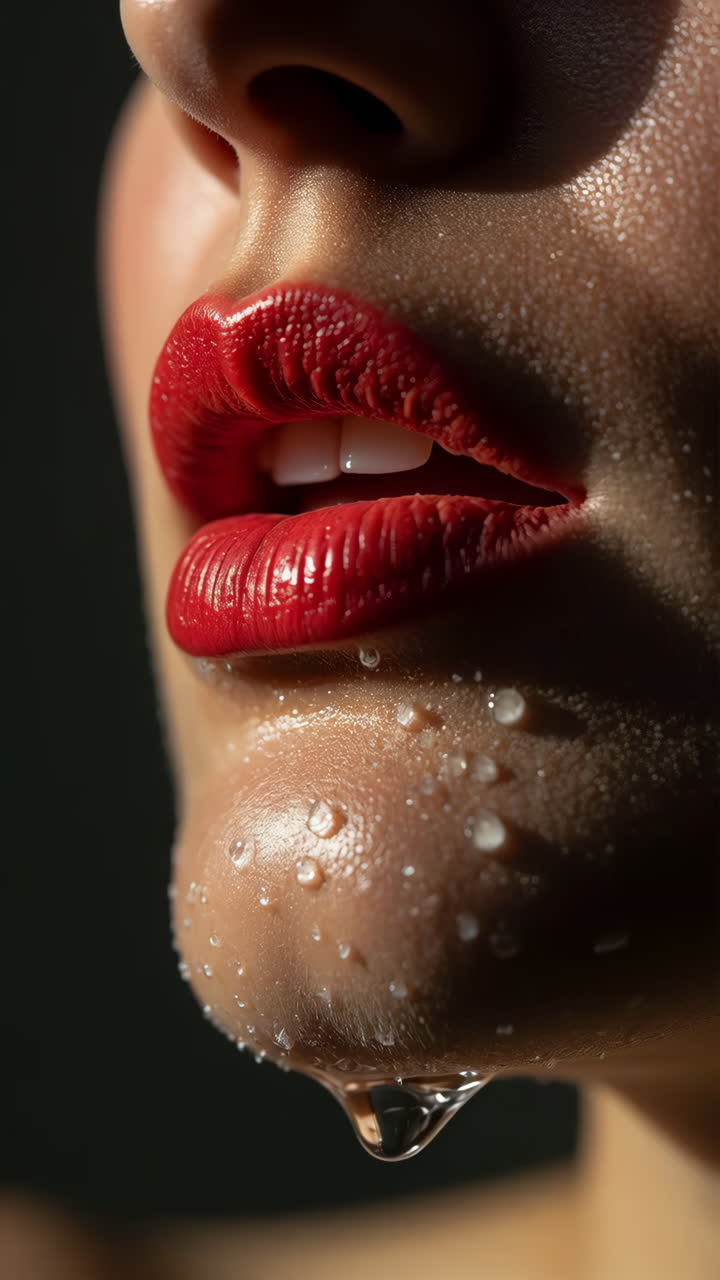 Close-up of Red Lips and Wet Skin with Water Droplets