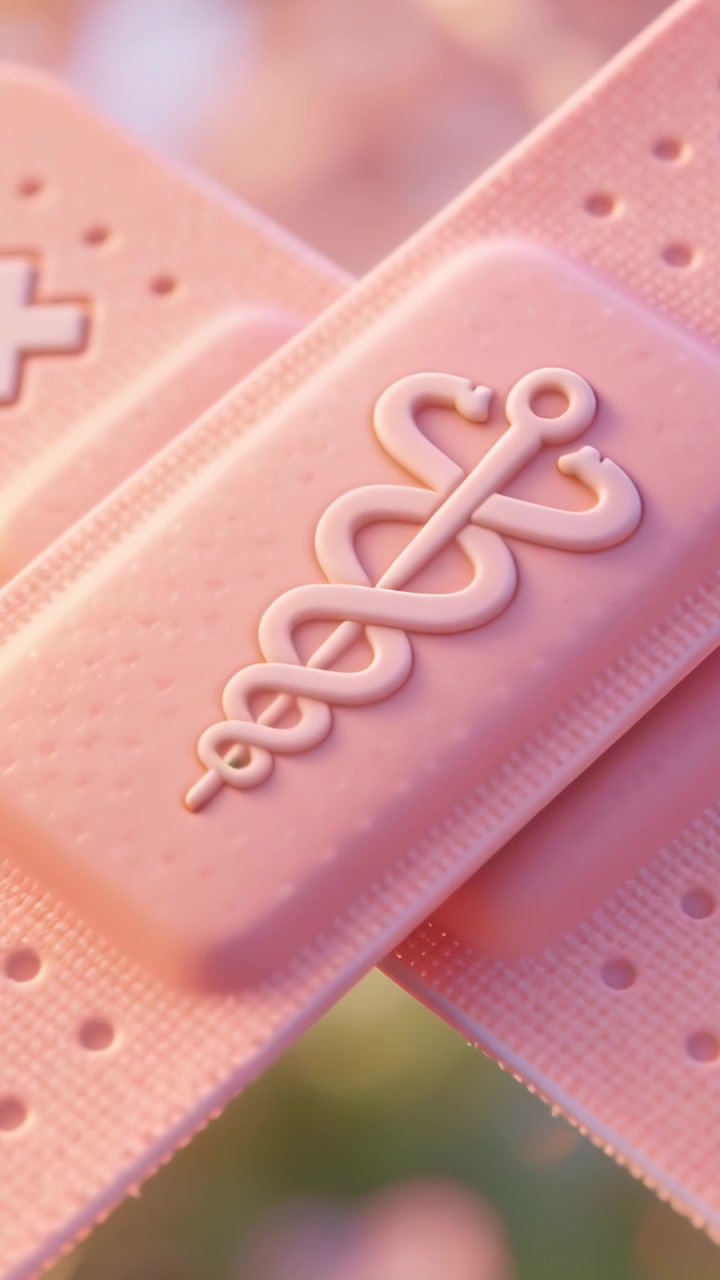 Vertical video: Camera dollying in, focusing on crossed pink bandages in studio, revealing caduceus