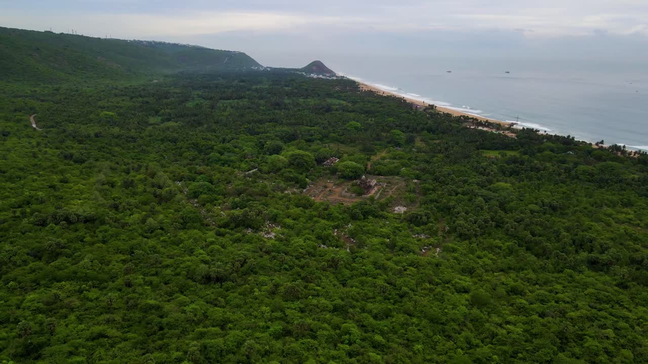 Stunning aerial drone shot capturing the vibrant green forest of Vizag’s mountains, bordered by the serene ocean.